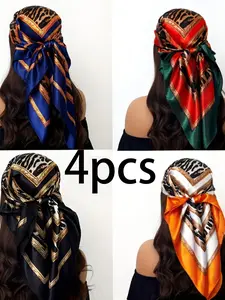 4pcs Leopard Print Polyester Scarf, 35.43x35.43 Inches, Sun Protection, Hand Wash, Casual Style, Warm Wrap, Weekend Accessory