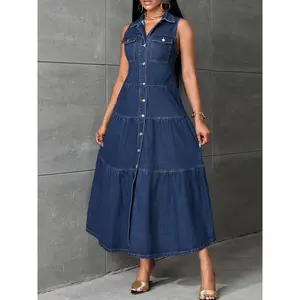 Fashion Ruffled Hem Extra Long Denim Dress - Women's Denim Dress - Sleeveless, Button Design, Washed Blue, Ruffled Hem, Comfortable Fashionable Unique - Perfect for Casual Occasions