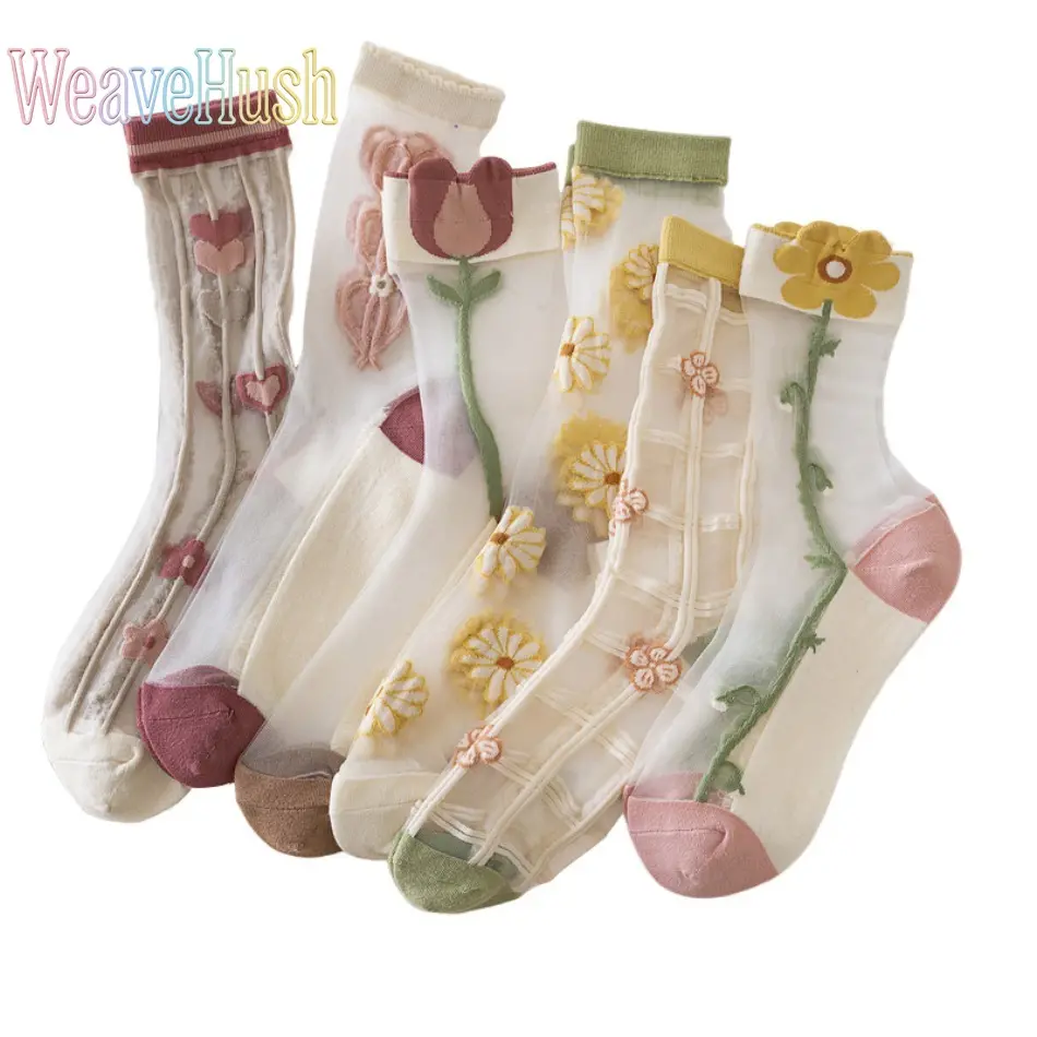 6 Pairs Women Summer Mid Tube Socks, Tulip Pattern Transparent Crystal Glass Silk Socks, Trendy Sweet Fashion Thin Ladies Casual Socks