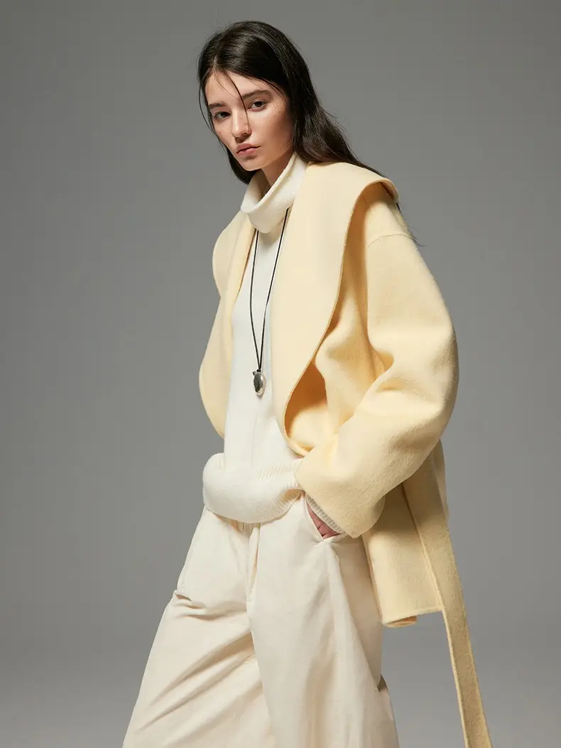 100% Wool Wrap Coat for Women, Short Oversized Style with a Wide Shawl Lapel and Belt, Smooth Double-Faced Fabric, Silky, Turtleneck, Minimalist, Soft