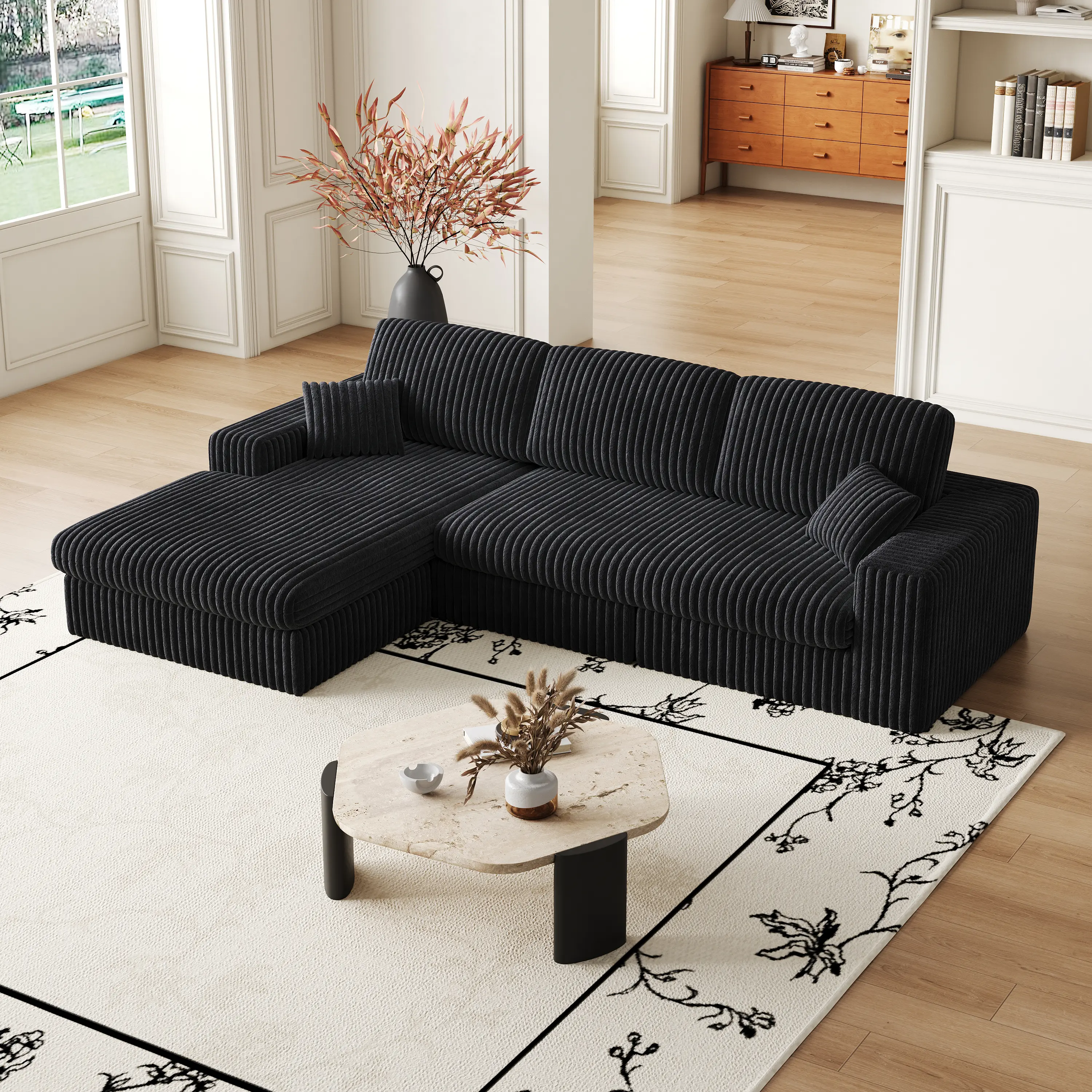 Niccae Corduroy Upholstered Modular Reclining L-Shaped Couch - 114.5in Modern Flexible Configuration Living Room Furniture, 2-in-1 Reversible Set with 3 Cushion Neck Pillows, 2 Throw Pillows, Sponge Cushioning, Couches for Living Rooms