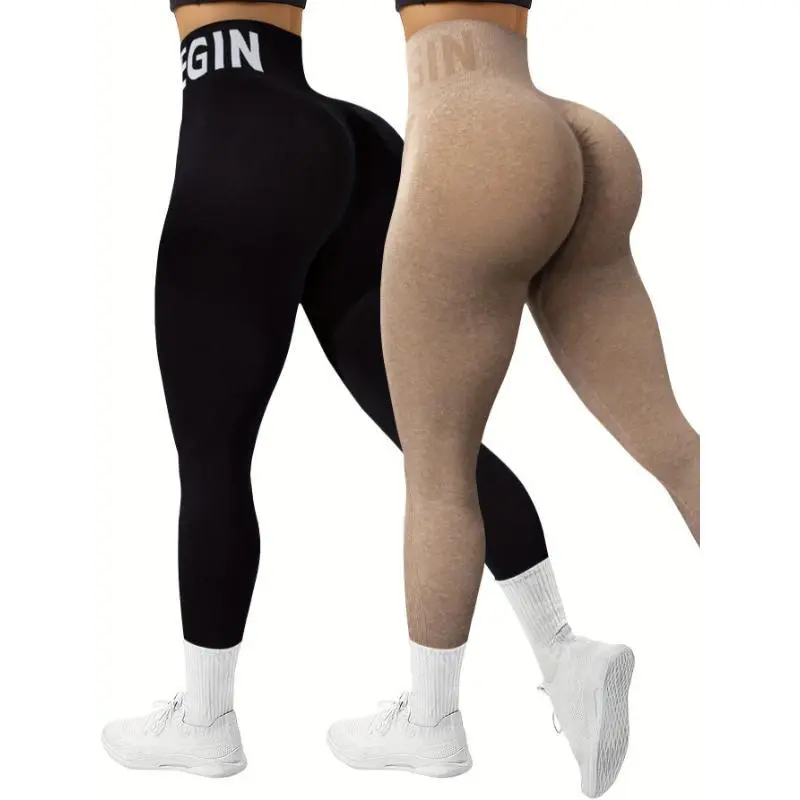 Women's Seamless High Waist Sports Leggings, 2 Pack Knit High Stretch Letter Print Yoga Leggings