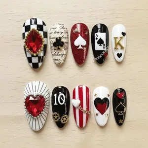 Red Black Playing Card Press On Nails 3D Heart Spade Checkerboard Casino Gem Gold Charms
