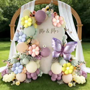 137Piece Spring Floral Butterfly Balloon Arch Kit, including light lavender, purple, yellow, and orange daisy foil balloons, butterfly foil balloons, and pastel-colored latex balloons. Ideal for birthday parties, baby showers, spring garden tea parties