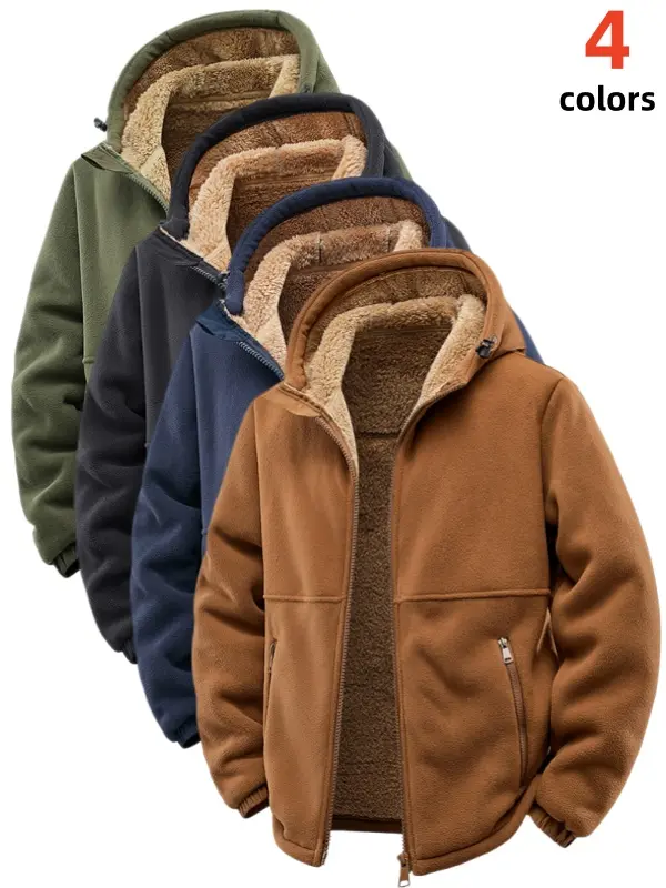 Men's Hooded Full-Zip Plain Long-Sleeve Polar Fleece Jacket, Menswear Thick Windproof Warm Relaxed Fit Sherpa-Lined Winter Outerwear Coat for Outdoor Hiking, Daily Use