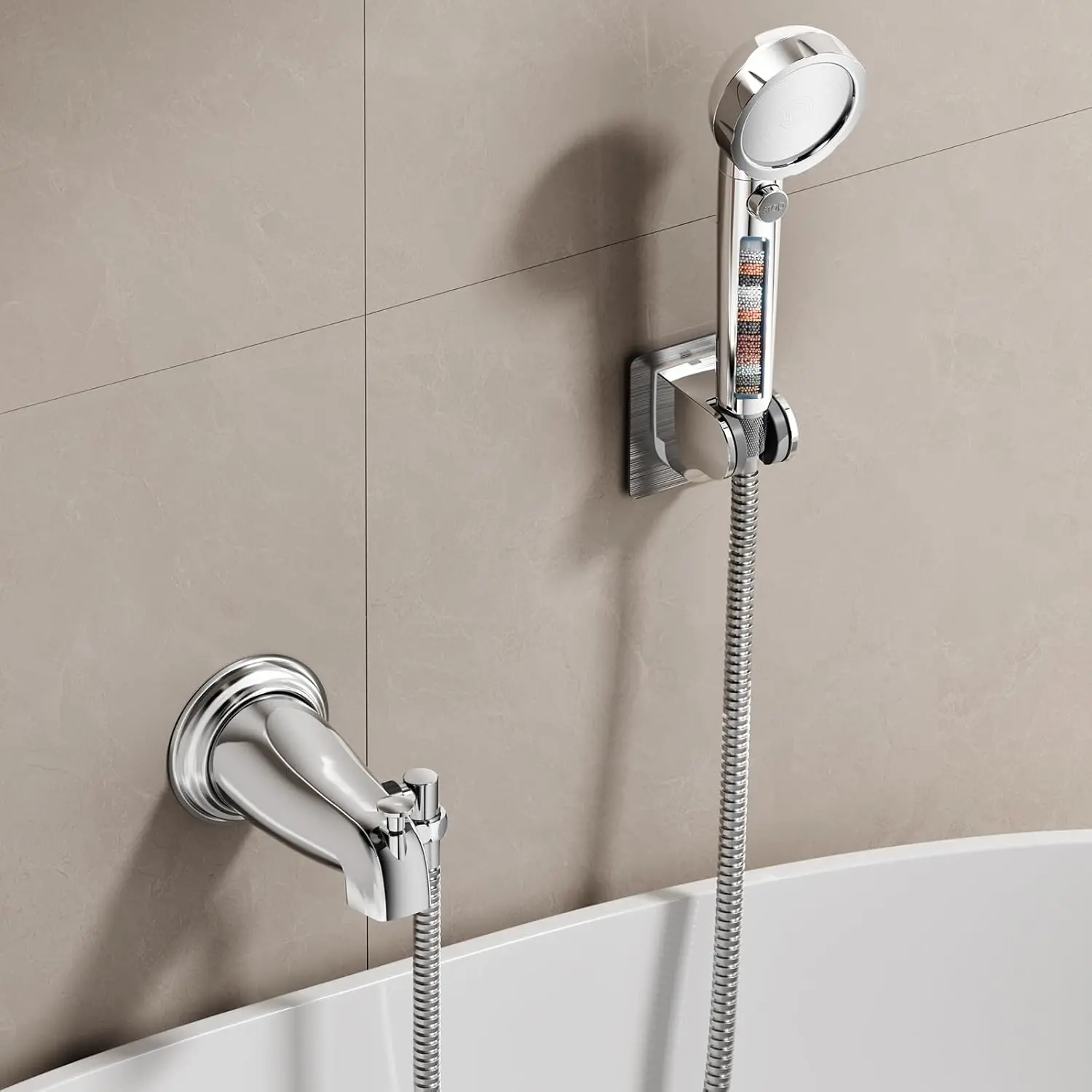 Bathtub Faucet with Sprayer, Filtered Shower  Attaches to Tub Faucet, Metal Tub Tap with Sprayer, Bathtub Shower Attachment with 3 Adapters, 3-Mode Shower  with /OFF Button (Chrome)