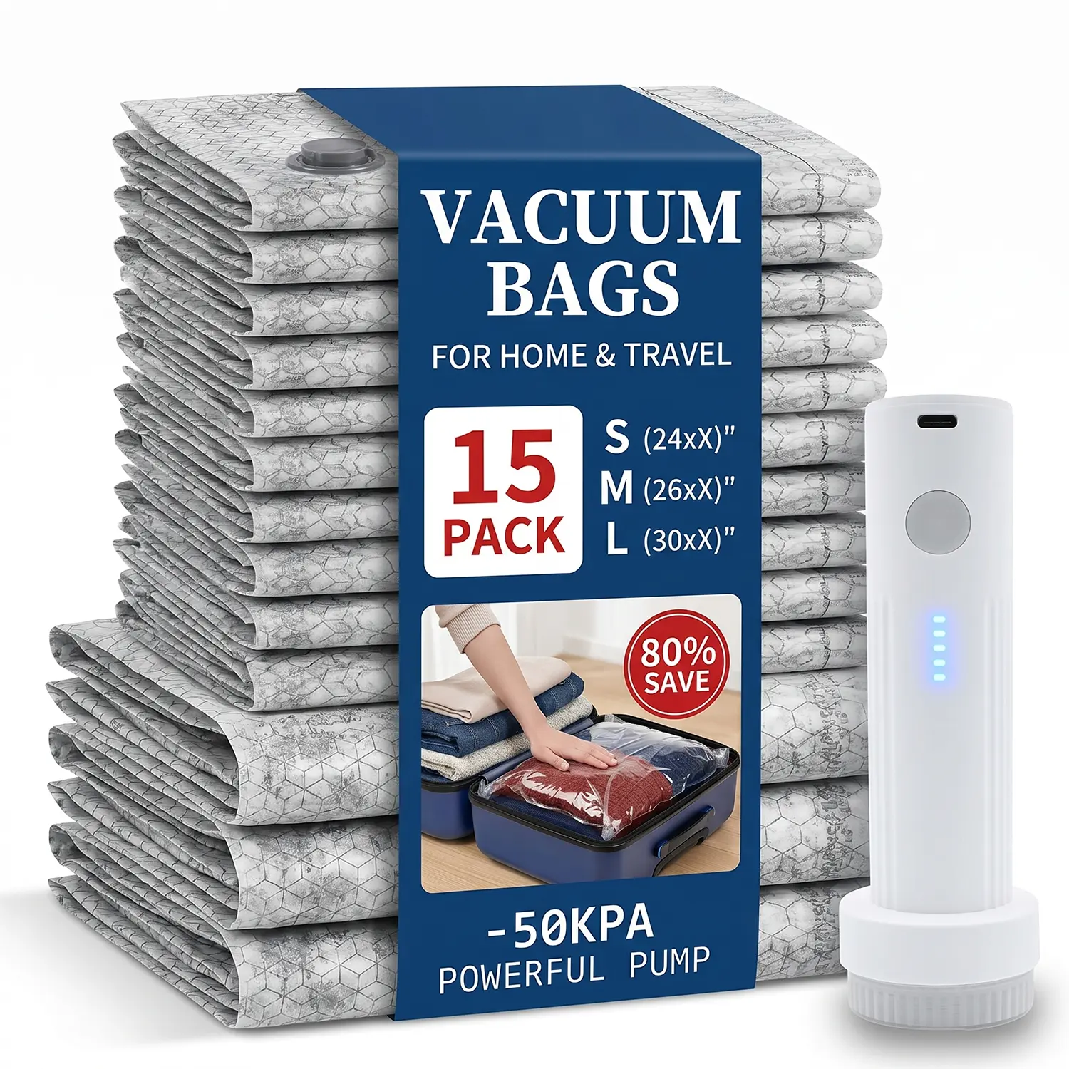 【Summer Vibes】 Cordless Travel Vacuum Bag Set with Rechargeable Air Pump - 15-Pack Space Saving Storage Bags, Airtight Resealing Sealed Organizers for Luggage, Sturdy Lightweight Clothes Storage Solution, Vacuum Bags For Travel