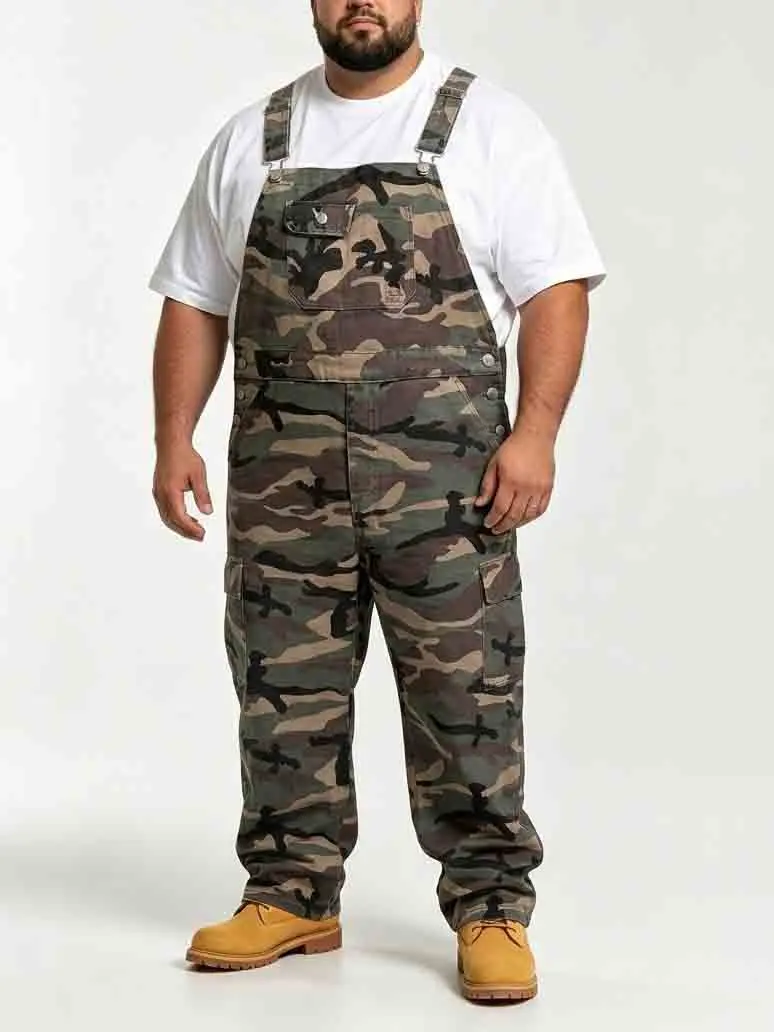 Men's Plus Size Camo Bib Overalls, Loose Fit Cargo Suspender Overalls, Big Tall Camouflage Workwear Overalls with Multi Pockets, Outdoor Work Menswear