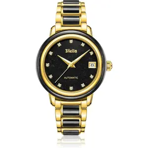 Diella Dainty Watch for Women, 5ATM Automatic Mechanical Watches Jade Inlay and 11 Rhinestones Inlaid on The Plate, Enjoying Low-Key Luxury - Wrapped by Stylish Gift Box