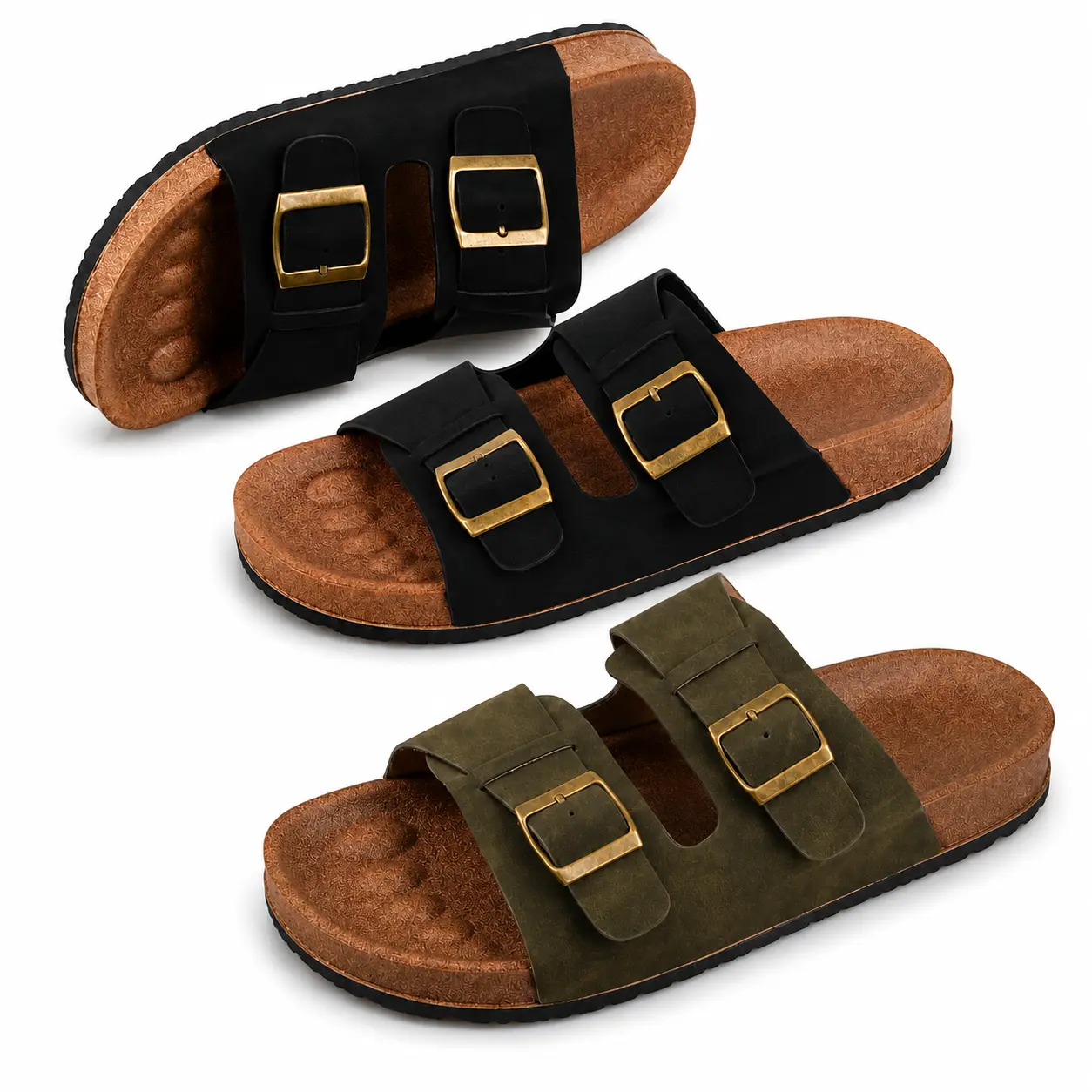 Bom women I Mens Sandals, Arch Support Slides with Adjustable Buckle Straps and Cork Footbed