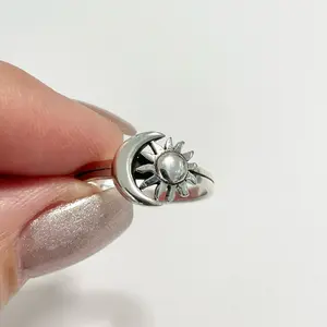 Sterling Silver 925 Crescent Moon and Sun Plain Ring