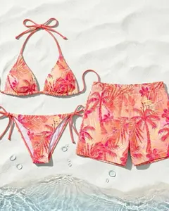 (Sale up 50%) Tropical Matching Swimsuits for Couples, Sunset Palm Beach Wear, Hawaiian Style Bikini and Shorts, Pink Orange Swim
