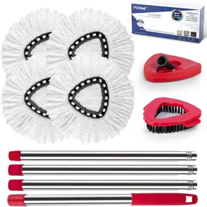 Spin Mop Head Handle Compatible with O Cedar EasyWring 1-Tank System, 4 Mop Replace Heads, 1 Mop Handle, 1 Base and 1 Scrub Brush Combo Set