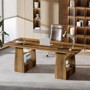 Tribesigns 63 Inch Executive Desk With 4 Storage Shelves, Office Desk for Home With Faux Natural Textured, Large Wooden Computer Table (Brown)