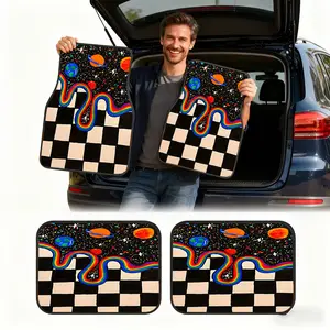 4-piece set, starry sky tassel checkered pattern car floor mats, durable polyester fiber, suitable for various truck and SUV models, ideal gift, interior decorative mat, fun design, wear-resistant and non-slip, special car floor mats for Halloween, Christ