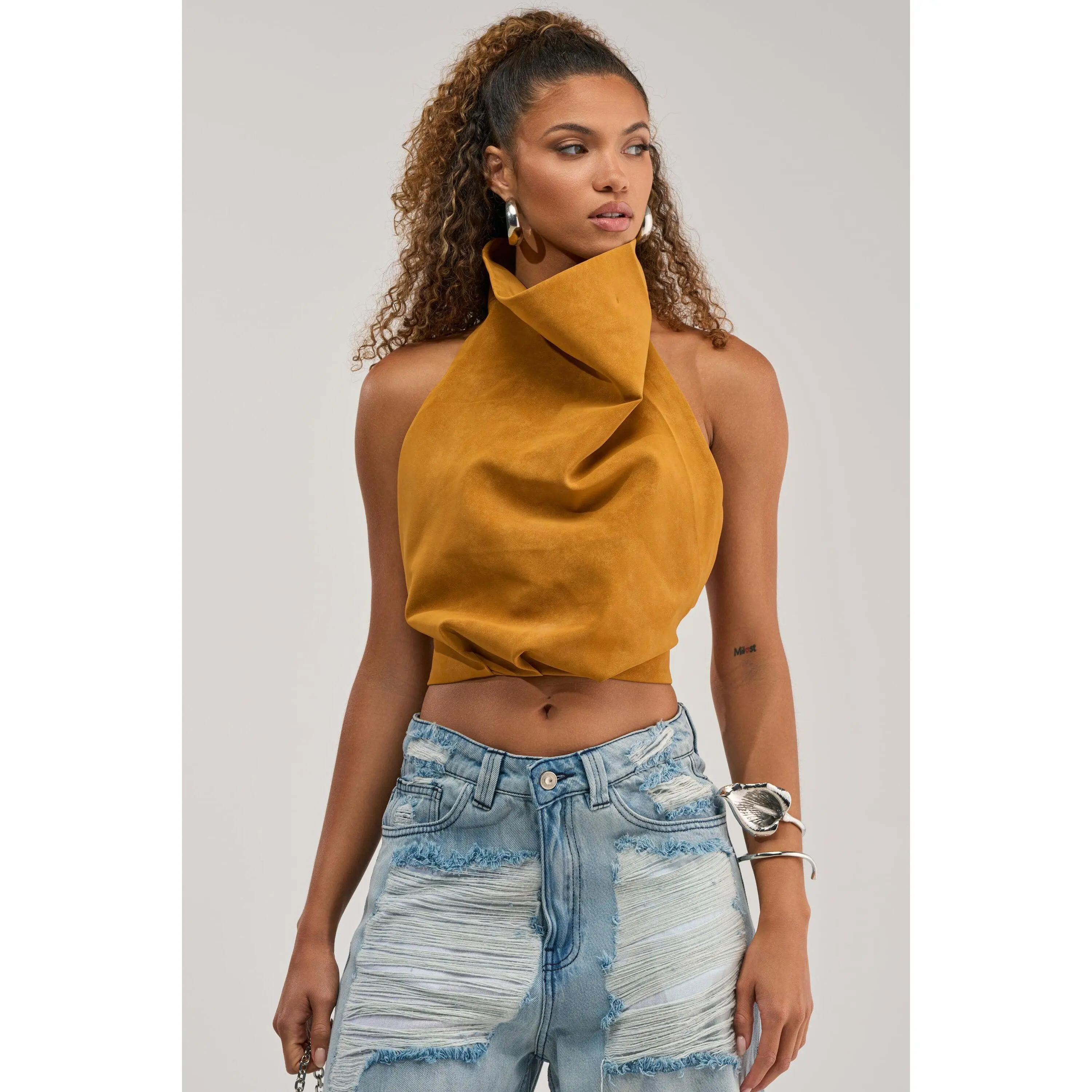 JANE SUEDE HALTER TOP IN MUSTARD