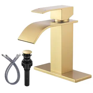 WOWOW Brushed Gold Waterfall Bathroom Faucet - Single Handle Bathroom Sink Faucet Mixer Tap Lavatory Vanity Sink Faucet with Deck Plate and Pop Up Drain, 1 or 3 Hole