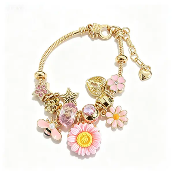 Pink Daisy Sunflower Bee Floral Charm Bracelet, Gold Adjustable Snake Chain Beaded Bracelet, Pink Crystal Rhinestone Star Hollow Heart Wrist Jewelry, Sweet Spring Flower Bracelet Gift for Teen Girls Women Flower Lovers