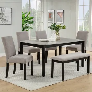 6-Piece Dining Table Set with Bench, Solid Wood Kitchen Table with Concrete-Effect Melamine Tabletop and 4 Upholstered Chairs for Dining Room, Kitchen, Restaurant