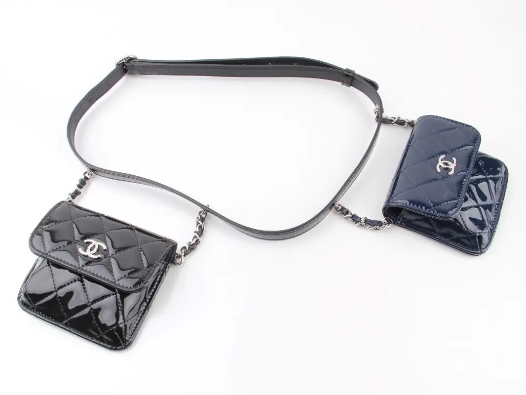 Pre-owned CHANEL Patent leather Belt Bags Black and Blue Quilted Patent Double Mini Flap Waist Bag