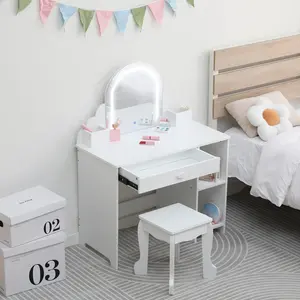 Gaomon Child-Sized Kids Vanity Set with Makeup Vanity Desk, Lighted Mirror, Matching Stool, Adjustable LED Lights, Round Edges, Sturdy MDF - Ideal Christmas Gift for Ages 3-9