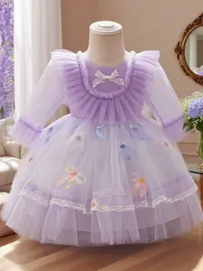 Baby girl's first birthday dress mesh purple long-sleeved wedding dress princess dress children's 100-day baptism dress