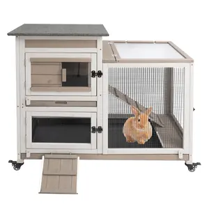 Petscosset 40"L Rabbit Hutch Indoor Wooden Large Bunny Hutch Outdoor 2 Story Rabbit Cage on 4 Metal Wheels with Run and 2 Deeper Pull Out Tray UV Panel Guinea Pig Pet House for Small to Medium Animal