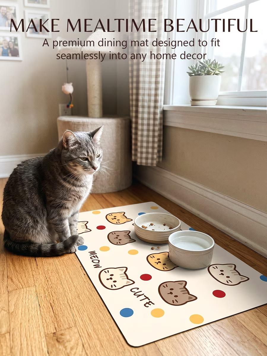 furrybaby Cute Cartoon Face Waterproof Leather Dog & Cat Placemat, Small/Medium Pet Placemats for Easy Clean Meals, Mess Proof Multicolor Feeding Accessory