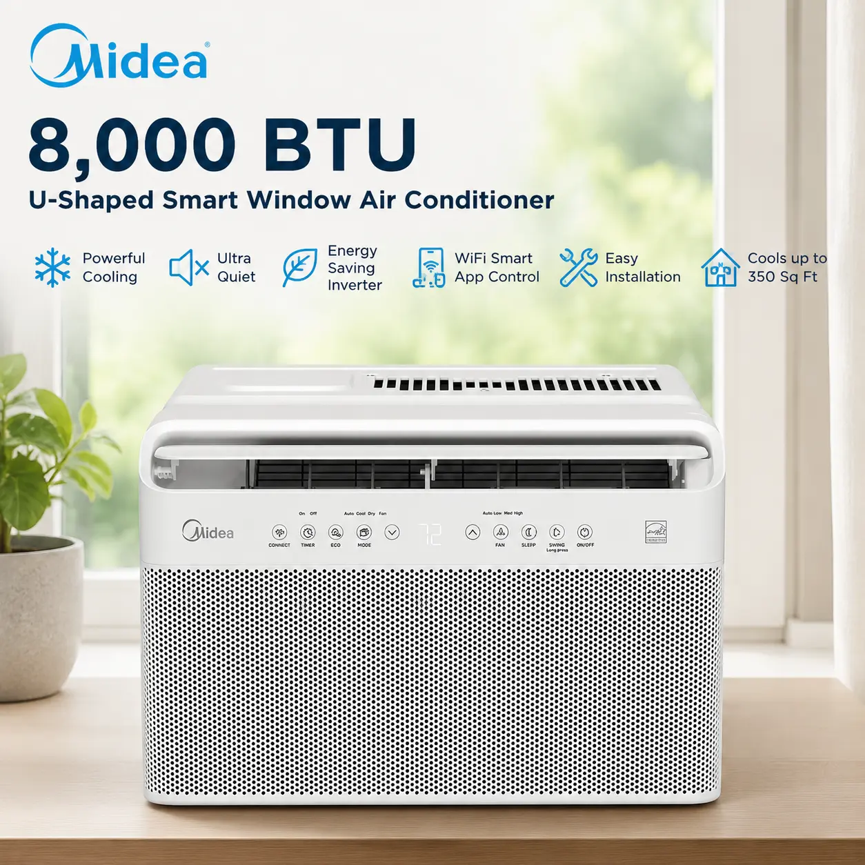 Midea 8,000 BTU U-Shaped Smart Window Air Conditioner, Like New Quiet Energy Saving Inverter Cooling System, WiFi Smart App Control, Easy Install Window AC Unit for Bedroom Living Room Up to 350 Sq Ft, Gently Used Tested Working Clean
