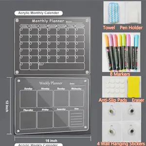 NW2Lbs 2 Pack Acrylic Magnetic Fridge Calendar Dry Erase Clear Monthly & Weekly  Planning Boards with Markers, Wall Hanging Hook
