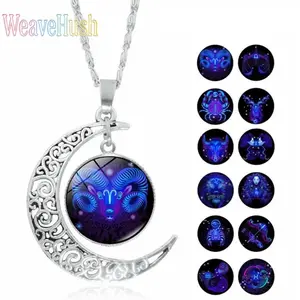 2026 Trendy 12 Zodiac Constellation Necklaces Luminous Glow In The Dark Moon Glass Pendant Birthstone Time Gemstone Astrology Jewelry For Women Men Dainty Layered Horoscope Necklace Celestial Star Sign Accessory Daily Wear Party Gift European American Fas