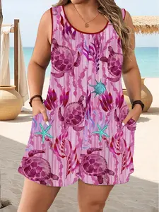 【Plus Size】 Sea Life Print Pocket Tank Romper, Casual Sleeveless Round Neck Romper for Beach Vacation, Women's Plus Clothing for Summer, Womenswear
