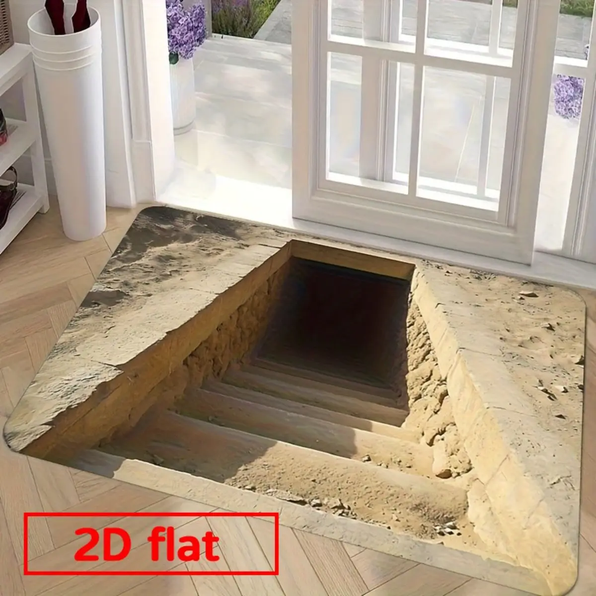 3D Optical Illusion Staircase Flannel Doormat - Funny Cave Hole Visual Effect, Non-Slip Bath Floor Rug for Indoor Home Entryway Bathroom Decor