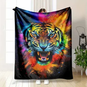Cool Colorful Tiger Blanket Abstract Paint Splash Art Print Soft Flannel Fleece Throw Wild Animal Pattern Decor Gift For Men