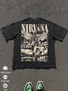 1 Men's Black Washed Oversized Tee, Graphic Double-Sided Nirvana In Utero Angel & 1993 Tour Print, 100% Cotton, Grunge Design, Ideal for Casual Daily & Concert Outfits