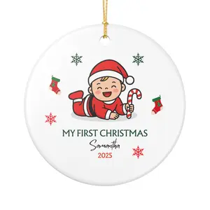 My First Christmas Baby Ornament, Personalized 2025 Ceramic Round Ornament, Custom Baby Name Keepsake, Holiday Gift for Newborns