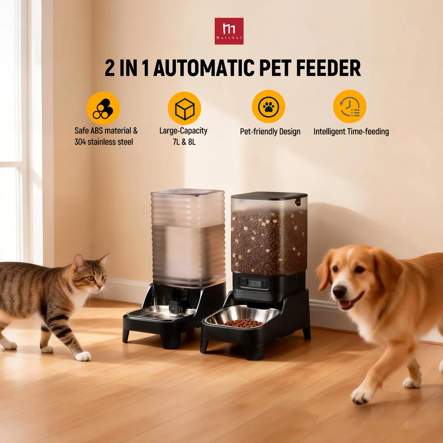 Marchul 15L Giant Pet Feeding Station - Auto-Dispensing Dual-Tank Feeder (7L Timed Dog Feeder), 8L Gravity Water Dispenser, Dishwasher-Safe Stainless Steel Bowls, Elevated Stand for Large Breeds, Dual Power Cordless, Auto-Dispensing Automatic Feeders, Dua