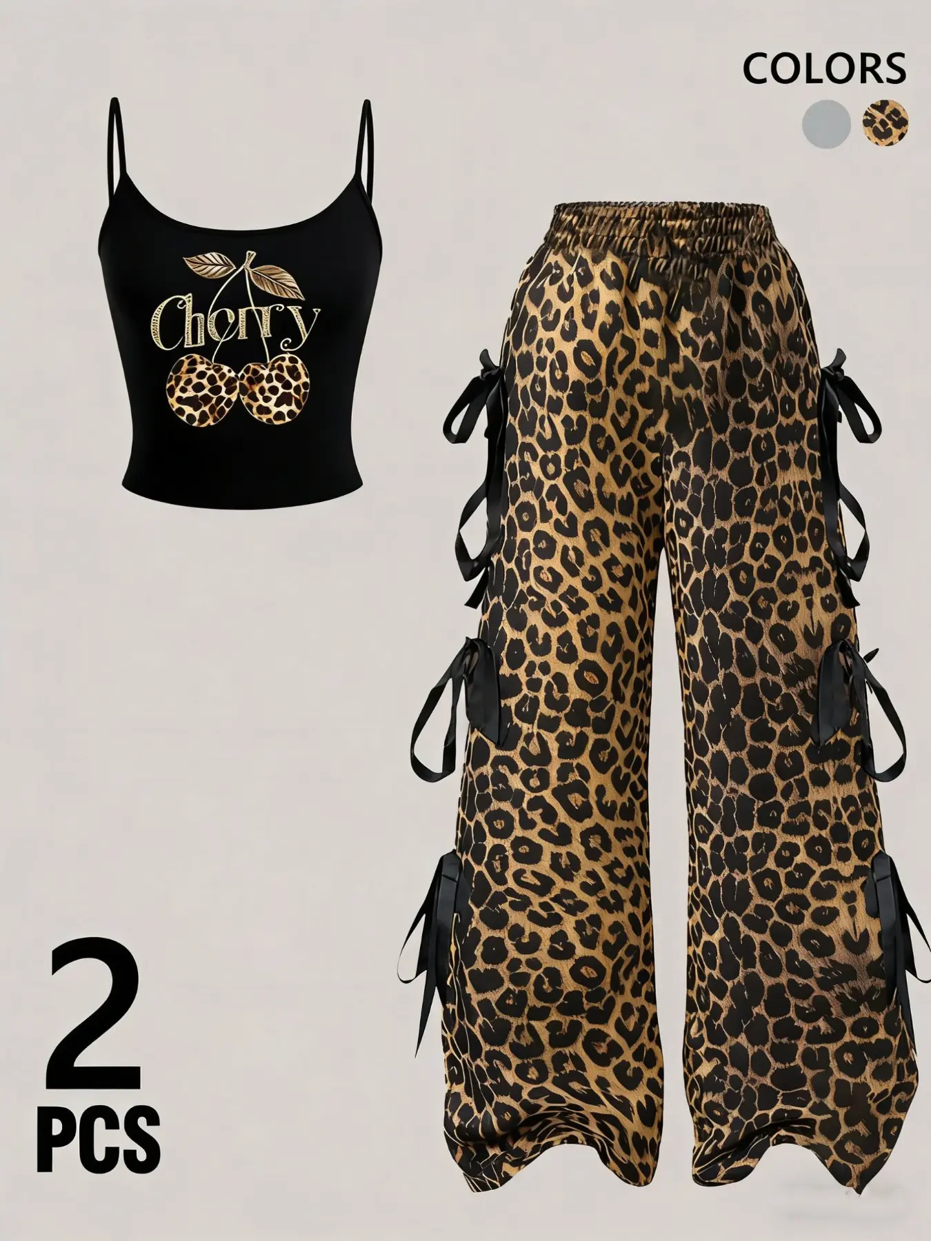 Tiktok Trendy Aesthetic Leopard Cherry Top & Wide-Leg Pants Set, Y2K Style Side Ribbon Tie, Casual Fashion Streetwear Women's, Available in