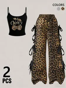 Tiktok Trendy Leopard Cherry Top & Wide-Leg Pants Set, Y2K Style Side Ribbon Tie, Fashion Streetwear Women's, Available in