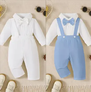 Ready Stock 2pcs Boys' Gentleman Outfit Long Sleeve Romper with Bow Tie, Suspender Pants Set Comfortable Casual Wear for Spring Fall 42503071