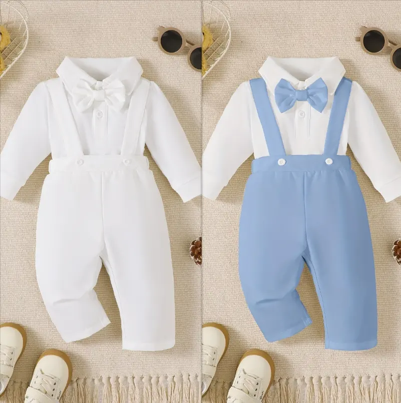 Baptism 2pcs Boys' Gentleman Outfit Long Sleeve Romper with Bow Tie, Suspender Pants Set Comfortable Casual Wedding Wear for Spring Fall 42503071