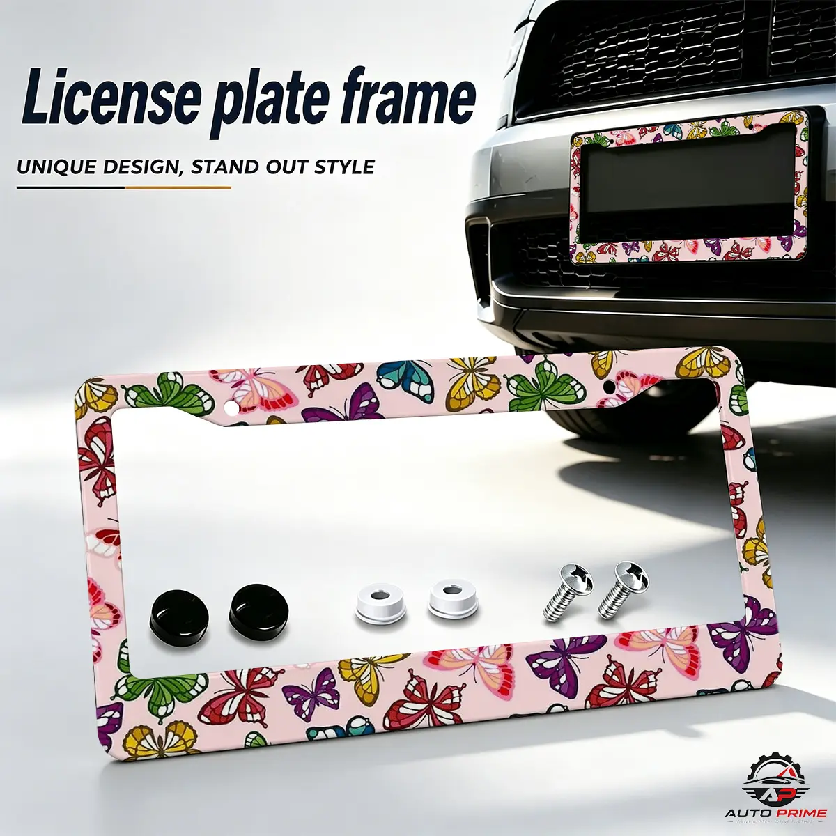 2-PCS Pink Butterfly Pattern License Plate Frame Aluminum Car Tag Holder Universal Car Accessories for SUV Truck Aesthetic Auto Decor