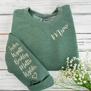 Custom Embroidered Mimi Grandma Gigi or Any Text on Neckline Sweatshirt, Names on Sleeve, Personalized Gift for Mom Momma Nana Sweatshirt