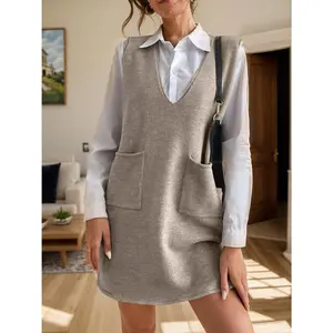 V-Neck Sleeveless Sweater Dress with Pockets
