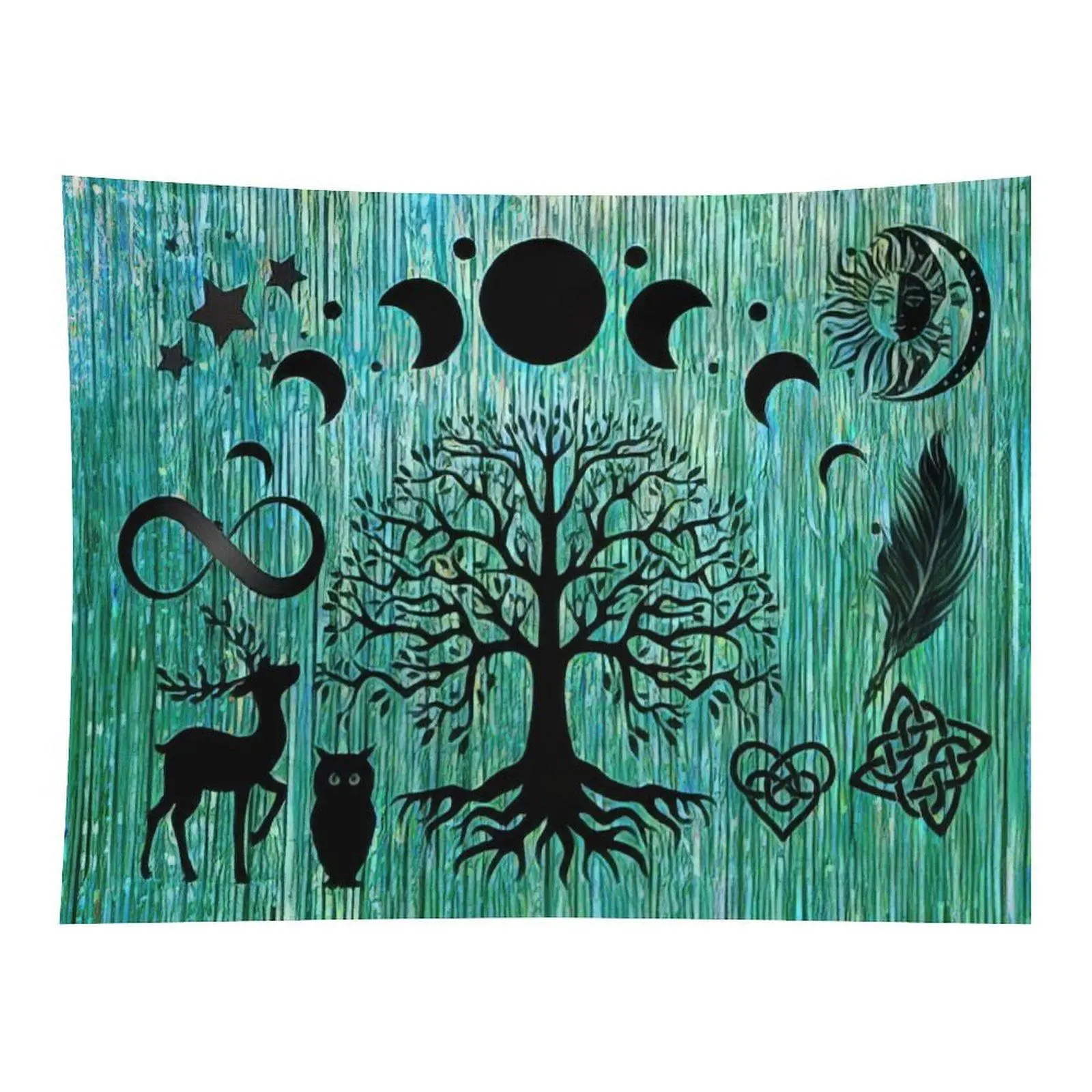 Tree of Life With Moon Phase Deer Owl Celtic Symbol Wall Tapestry, Mystical Boho Witchy Green Textured Background Wall Hanging for Spiritual Room Decor