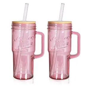 ANOTION  Blush Pink Mason Style Glass Cups with Handle – 24oz Aesthetic Tumbler Set of 2 with Bamboo Lid & Glass Straw – Soft Pastel Color for Iced Coffee, Tea – First in Color Series