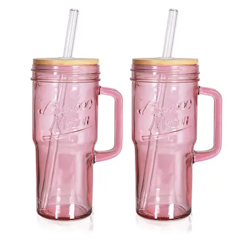 ANOTION  Blush Pink Mason Style Glass Cups with Handle – 24oz Aesthetic Tumbler Set of 2 with Bamboo Lid & Glass Straw – Soft Pastel Color for Iced Coffee, Tea – First in Color Series