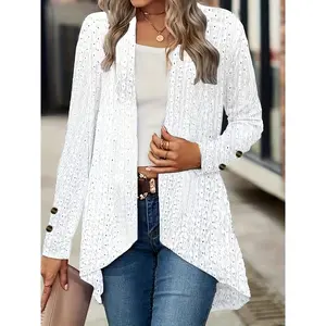 Plus Size Women's Elegant Long Sleeve Lace-Look Crochet Cardigan - Semi-Sheer Button-Front Shawl Collar, Machine Washable Lightweight for Spring Summer Fall Layering, Translucent Coverup, Casual Layering Piece, Crochet Texture, Sophisticated Weave