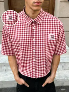 Men's Vintage Classic Plaid Gingham Loose Fit Turn-Down Collar Shirt, Casual Short Sleeve Striped Button Front Top, Comfortable Daily Wear