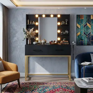 Modern Makeup Vanity Desk With LED Lighted Mirror 3 Color Lighting Adjustable Brightness 2 Drawers Storage Shelves Large HD Mirror Dressing Table For Bedroom Home Use